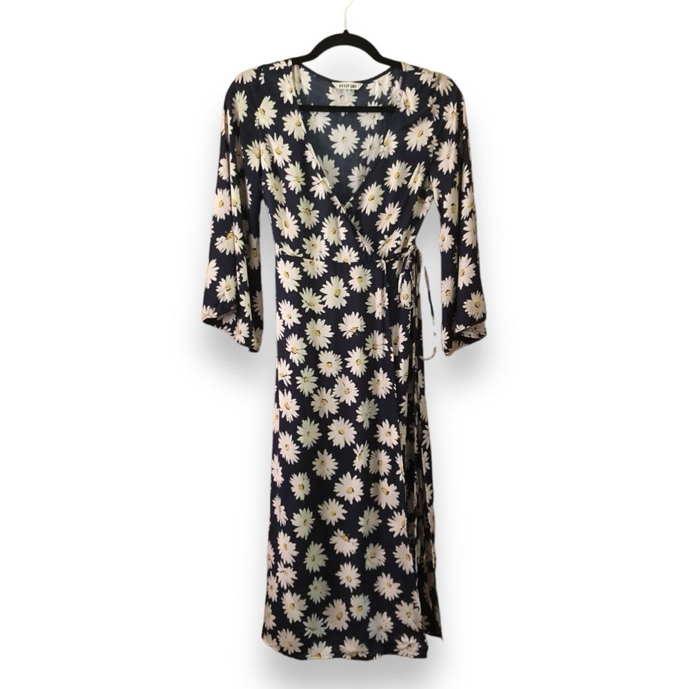 Mirae Paris Ilona Wrap Dress Silk Blend Navy White Daisy Floral Print US Size 4